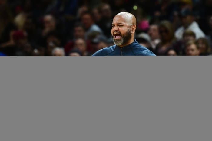Mar 26, 2023; Cleveland, Ohio, USA; Cleveland Cavaliers head coach J.B. Bickerstaff argues a call during the second half against the Houston Rockets at Rocket Mortgage FieldHouse. Mandatory Credit: Ken Blaze-USA TODAY Sports